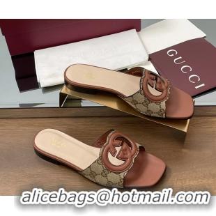 1:1 Gucci Interlocking G Flat Slides Sandals GG Canvas and Brown Calfskin Leather 260504 Brown