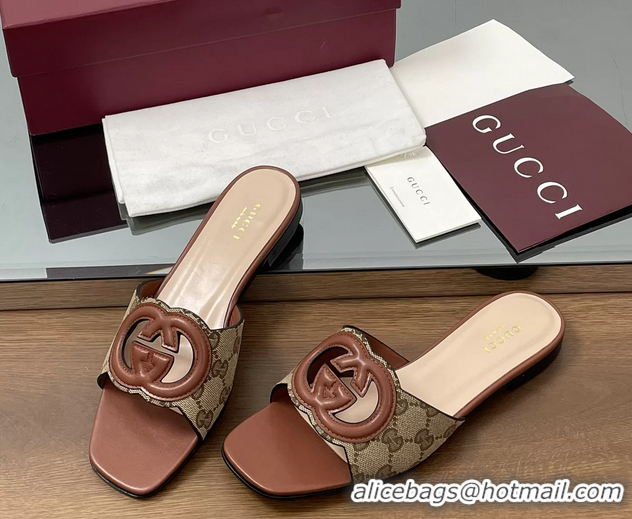 1:1 Gucci Interlocking G Flat Slides Sandals GG Canvas and Brown Calfskin Leather 260504 Brown