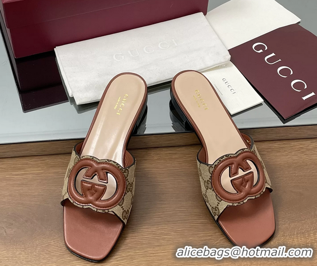 1:1 Gucci Interlocking G Flat Slides Sandals GG Canvas and Brown Calfskin Leather 260504 Brown