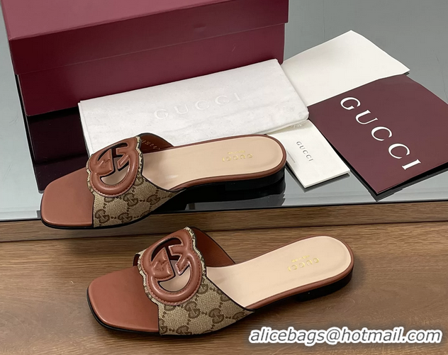1:1 Gucci Interlocking G Flat Slides Sandals GG Canvas and Brown Calfskin Leather 260504 Brown