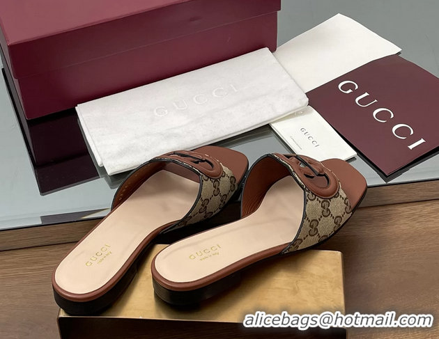 1:1 Gucci Interlocking G Flat Slides Sandals GG Canvas and Brown Calfskin Leather 260504 Brown