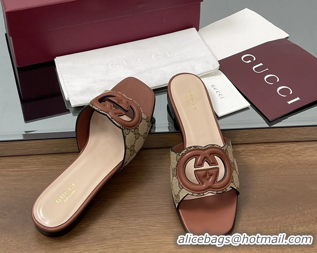 1:1 Gucci Interlocking G Flat Slides Sandals GG Canvas and Brown Calfskin Leather 260504 Brown
