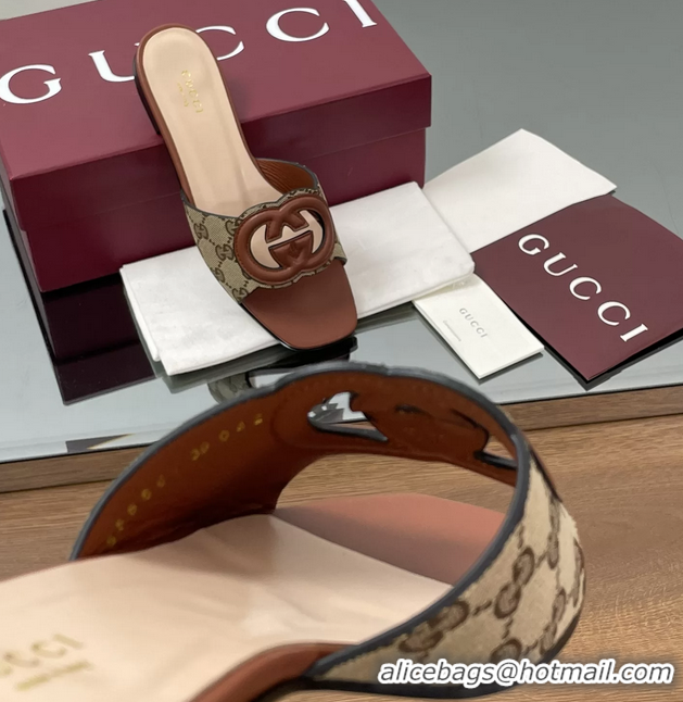 1:1 Gucci Interlocking G Flat Slides Sandals GG Canvas and Brown Calfskin Leather 260504 Brown