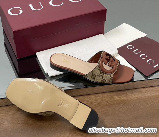 1:1 Gucci Interlocking G Flat Slides Sandals GG Canvas and Brown Calfskin Leather 260504 Brown