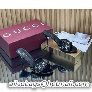 Unique Style Gucci Black GG Crystal Mesh Heeled Slides Sandals 85MM 260504 Black