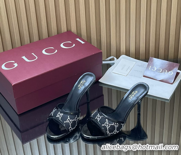 Unique Style Gucci Black GG Crystal Mesh Heeled Slides Sandals 85MM 260504 Black