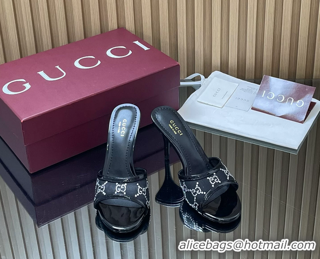 Unique Style Gucci Black GG Crystal Mesh Heeled Slides Sandals 85MM 260504 Black