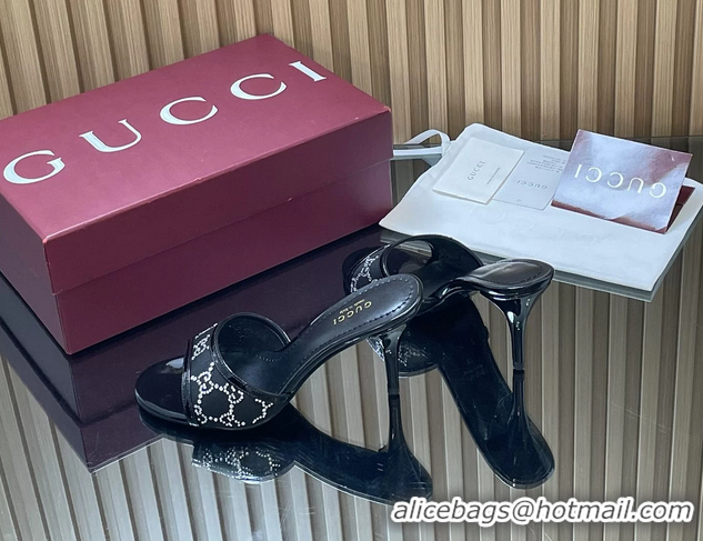 Unique Style Gucci Black GG Crystal Mesh Heeled Slides Sandals 85MM 260504 Black