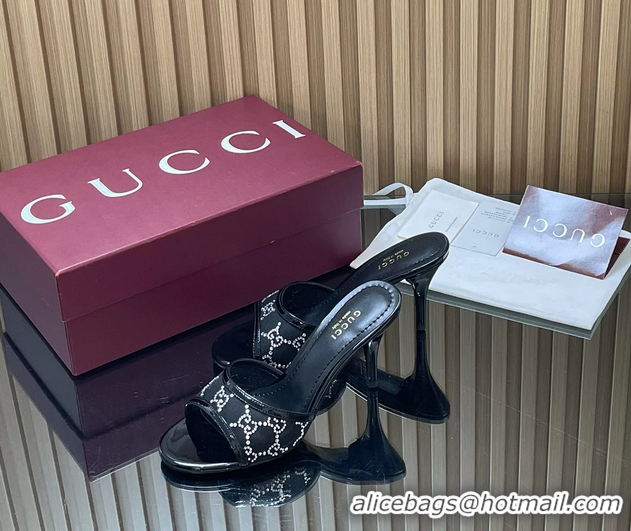 Unique Style Gucci Black GG Crystal Mesh Heeled Slides Sandals 85MM 260504 Black