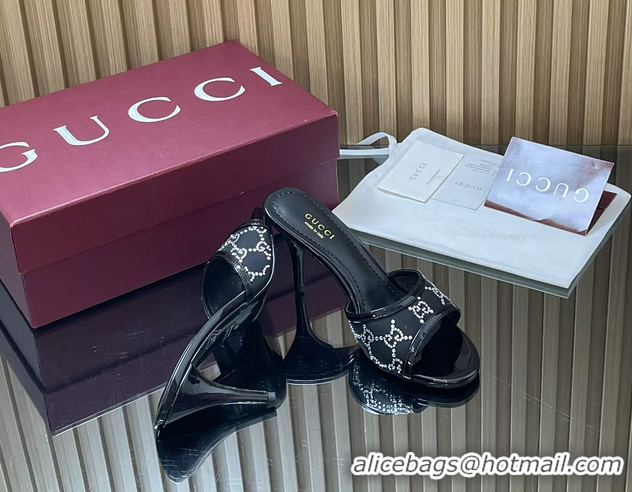 Unique Style Gucci Black GG Crystal Mesh Heeled Slides Sandals 85MM 260504 Black