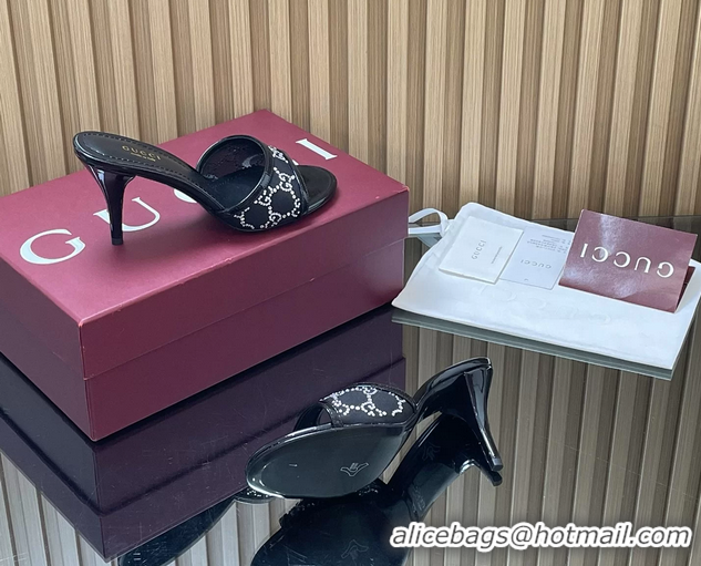 Unique Style Gucci Black GG Crystal Mesh Heeled Slides Sandals 85MM 260504 Black