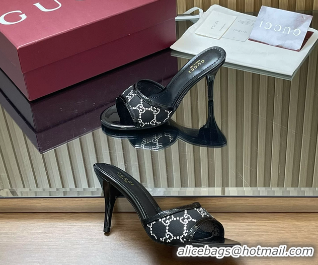 Unique Style Gucci Black GG Crystal Mesh Heeled Slides Sandals 85MM 260504 Black