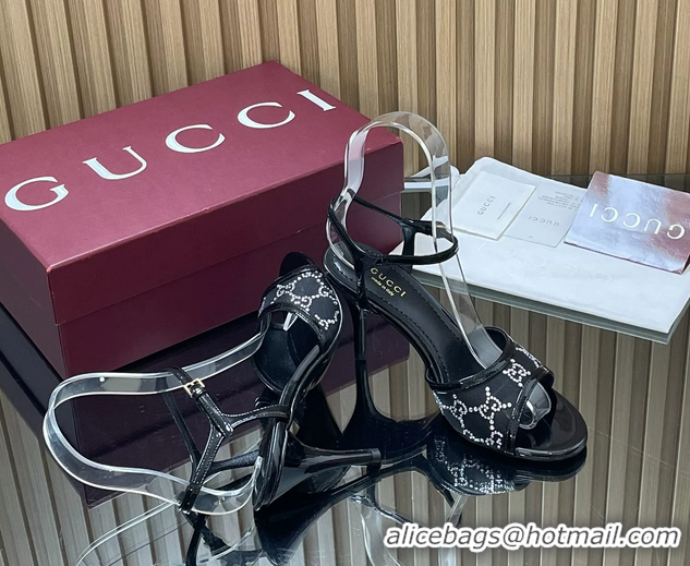 Cheap Price Gucci Black GG Crystal Mesh Heeled Sandals 85MM 260504 Black