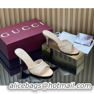 Duplicate Gucci Beige GG Crystal Mesh Heeled Slides Sandals 85MM 26050401