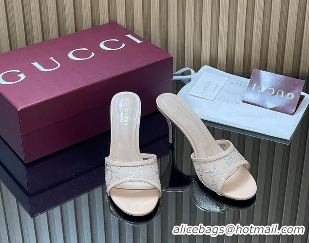 Duplicate Gucci Beige GG Crystal Mesh Heeled Slides Sandals 85MM 26050401