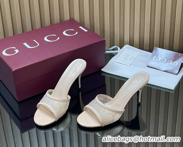 Duplicate Gucci Beige GG Crystal Mesh Heeled Slides Sandals 85MM 26050401