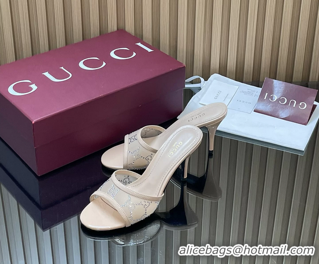 Duplicate Gucci Beige GG Crystal Mesh Heeled Slides Sandals 85MM 26050401