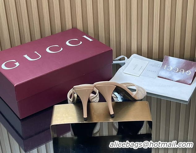 Duplicate Gucci Beige GG Crystal Mesh Heeled Slides Sandals 85MM 26050401