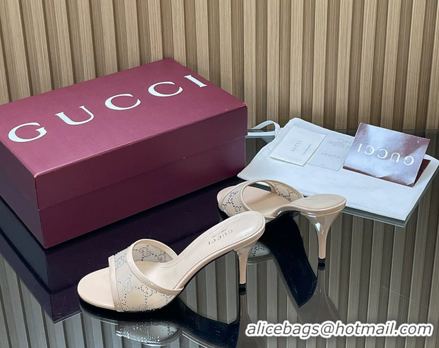 Duplicate Gucci Beige GG Crystal Mesh Heeled Slides Sandals 85MM 26050401