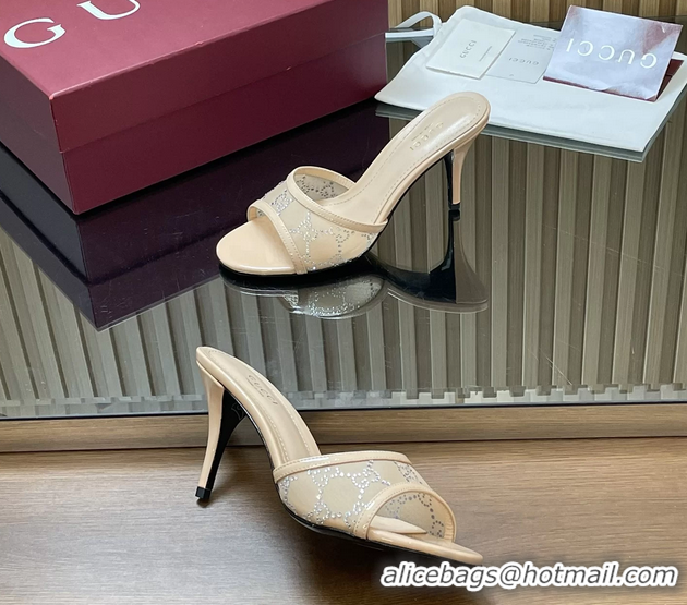 Duplicate Gucci Beige GG Crystal Mesh Heeled Slides Sandals 85MM 26050401
