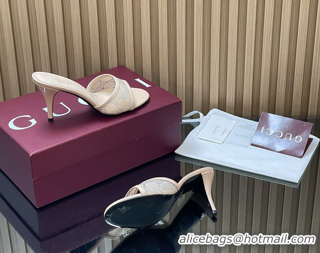 Duplicate Gucci Beige GG Crystal Mesh Heeled Slides Sandals 85MM 26050401