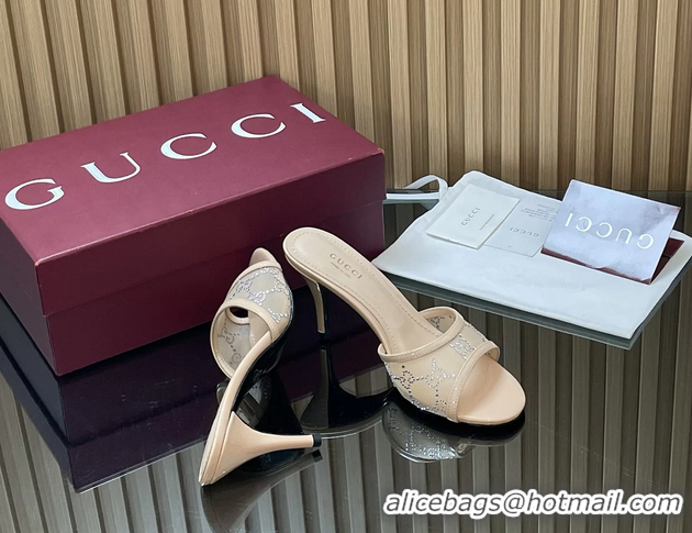 Duplicate Gucci Beige GG Crystal Mesh Heeled Slides Sandals 85MM 26050401