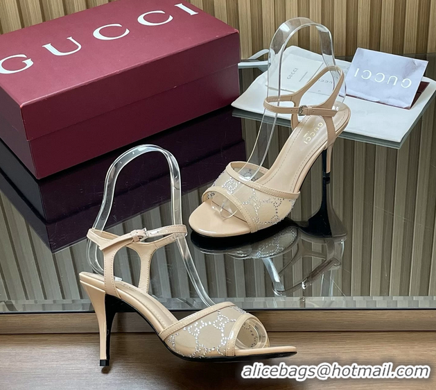 Grade Quality Gucci Beige GG Crystal Mesh Heeled Sandals 85MM 6050401