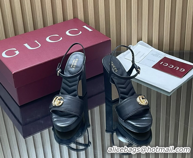 Fashion Gucci Double G Block High Heeled Platform Sandals Black Lambskin Leather 125MM 6050402