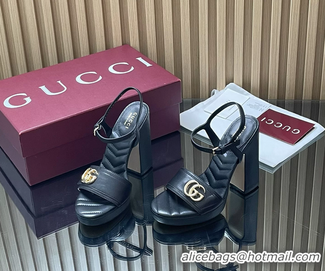 Fashion Gucci Double G Block High Heeled Platform Sandals Black Lambskin Leather 125MM 6050402