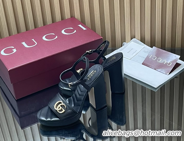 Fashion Gucci Double G Block High Heeled Platform Sandals Black Lambskin Leather 125MM 6050402