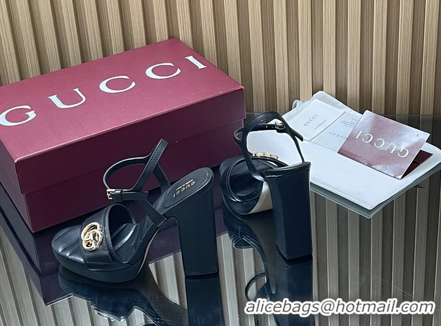 Fashion Gucci Double G Block High Heeled Platform Sandals Black Lambskin Leather 125MM 6050402