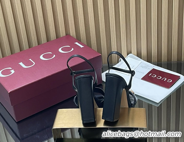 Fashion Gucci Double G Block High Heeled Platform Sandals Black Lambskin Leather 125MM 6050402