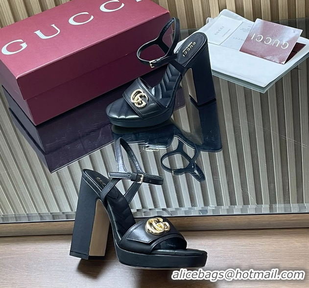 Fashion Gucci Double G Block High Heeled Platform Sandals Black Lambskin Leather 125MM 6050402