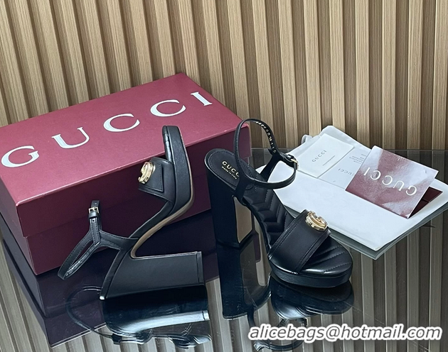 Fashion Gucci Double G Block High Heeled Platform Sandals Black Lambskin Leather 125MM 6050402