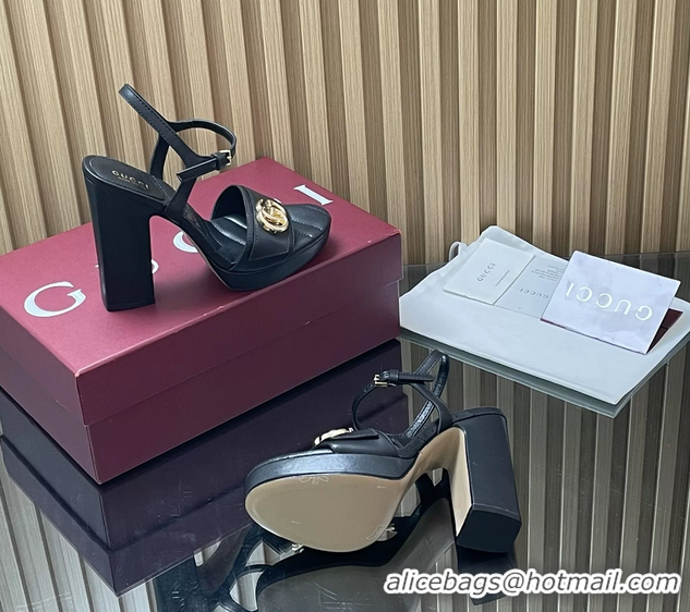 Fashion Gucci Double G Block High Heeled Platform Sandals Black Lambskin Leather 125MM 6050402