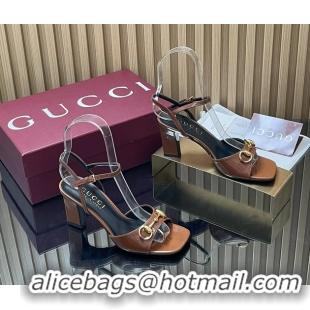 Luxury Discount Gucci Horsebit High Heeled Sandals Brown Lambskin Leather 75MM 6050405