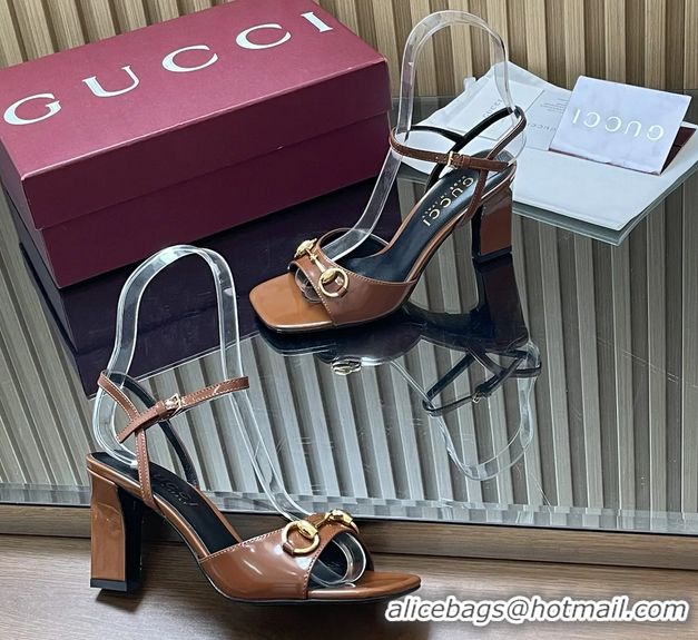 Luxury Discount Gucci Horsebit High Heeled Sandals Brown Lambskin Leather 75MM 6050405