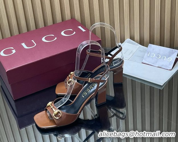 Luxury Discount Gucci Horsebit High Heeled Sandals Brown Lambskin Leather 75MM 6050405