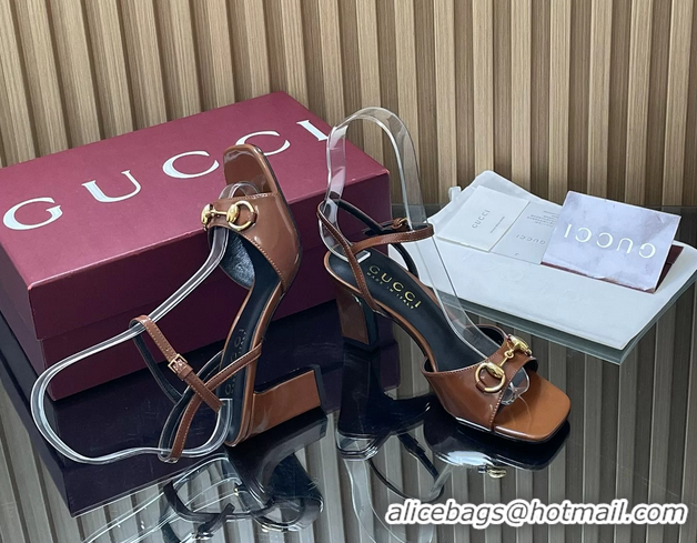 Luxury Discount Gucci Horsebit High Heeled Sandals Brown Lambskin Leather 75MM 6050405