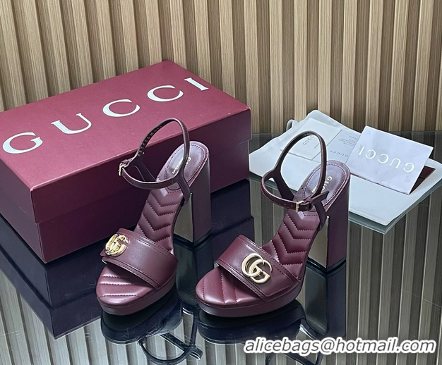 Good Looking Gucci Double G Block High Heeled Platform Sandals Burgundy Lambskin Leather 125MM 6050406