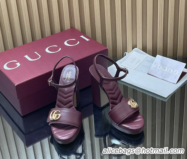 Good Looking Gucci Double G Block High Heeled Platform Sandals Burgundy Lambskin Leather 125MM 6050406