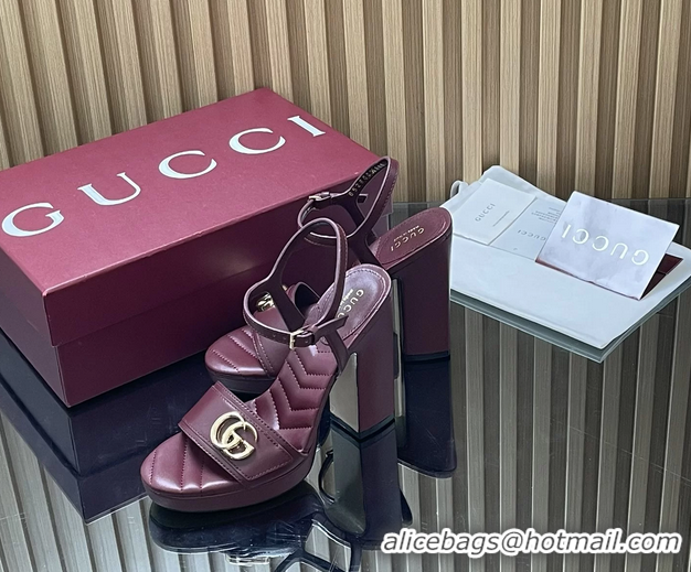 Good Looking Gucci Double G Block High Heeled Platform Sandals Burgundy Lambskin Leather 125MM 6050406
