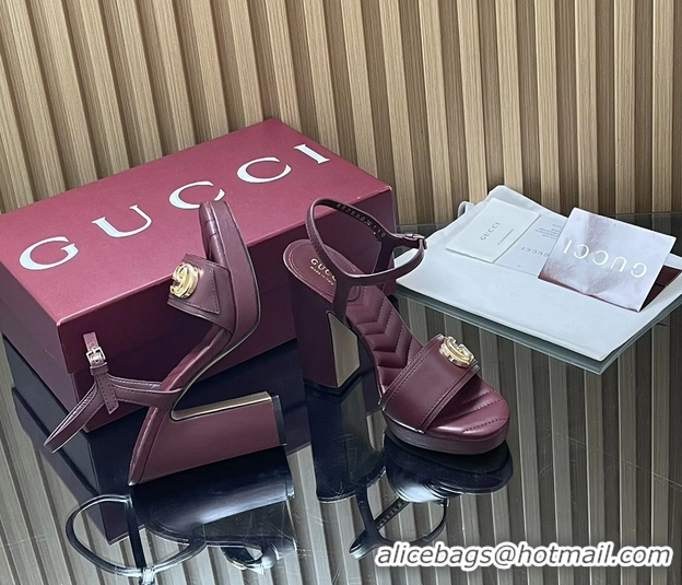 Good Looking Gucci Double G Block High Heeled Platform Sandals Burgundy Lambskin Leather 125MM 6050406