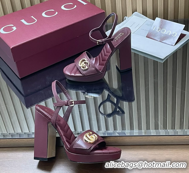 Good Looking Gucci Double G Block High Heeled Platform Sandals Burgundy Lambskin Leather 125MM 6050406