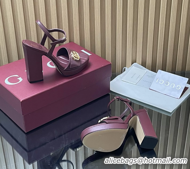 Good Looking Gucci Double G Block High Heeled Platform Sandals Burgundy Lambskin Leather 125MM 6050406