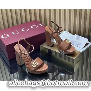 Luxury Cheap Gucci Double G Block High Heeled Platform Sandals Brown Lambskin Leather 125MM 6050406