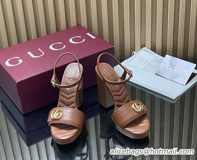 Luxury Cheap Gucci Double G Block High Heeled Platform Sandals Brown Lambskin Leather 125MM 6050406