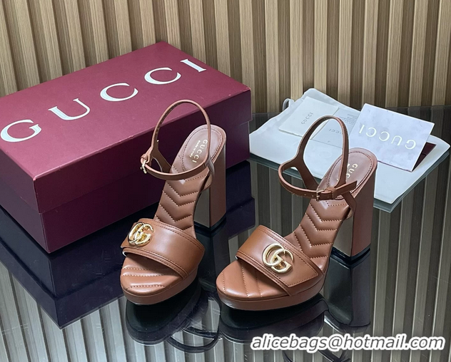 Luxury Cheap Gucci Double G Block High Heeled Platform Sandals Brown Lambskin Leather 125MM 6050406