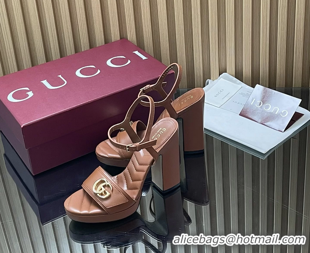 Luxury Cheap Gucci Double G Block High Heeled Platform Sandals Brown Lambskin Leather 125MM 6050406