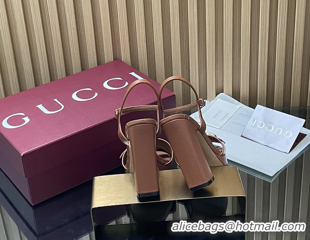 Luxury Cheap Gucci Double G Block High Heeled Platform Sandals Brown Lambskin Leather 125MM 6050406